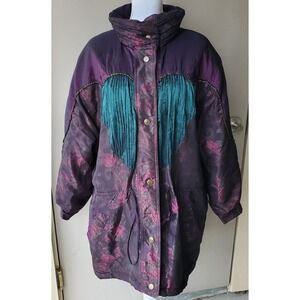 Izzi Vintage 90s Parka Jacket Womens Large Purple Teal Red Floral Pockets Ladies